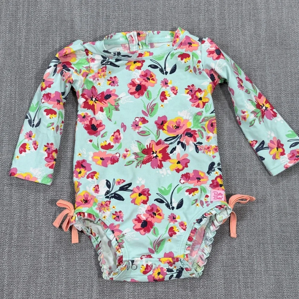 RuffleButts Baby Girls Floral Long Sleeve Rash Guard‎ Swimsuit Mint 12-18M